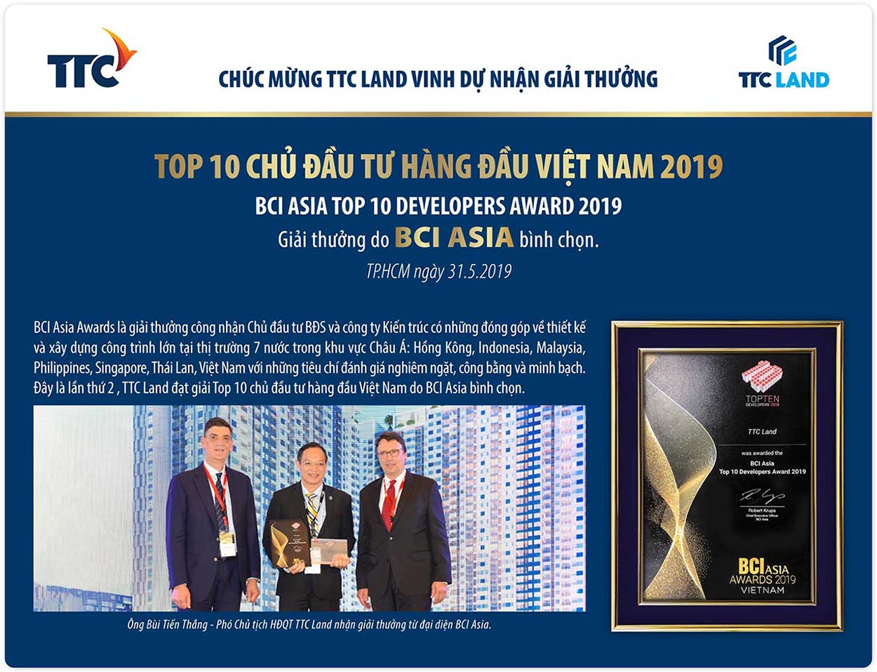 công ty ttc land nhận giải thưởng chủ đầu tư uy tín