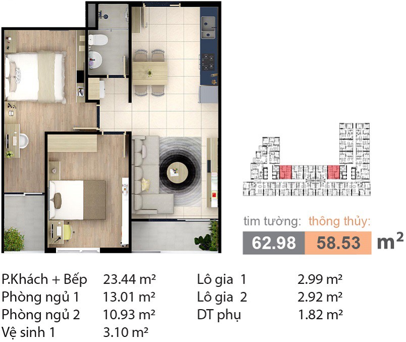 mặt bằng căn hộ 2 phòng ngủ carillon 7 diện tích 62.98m2