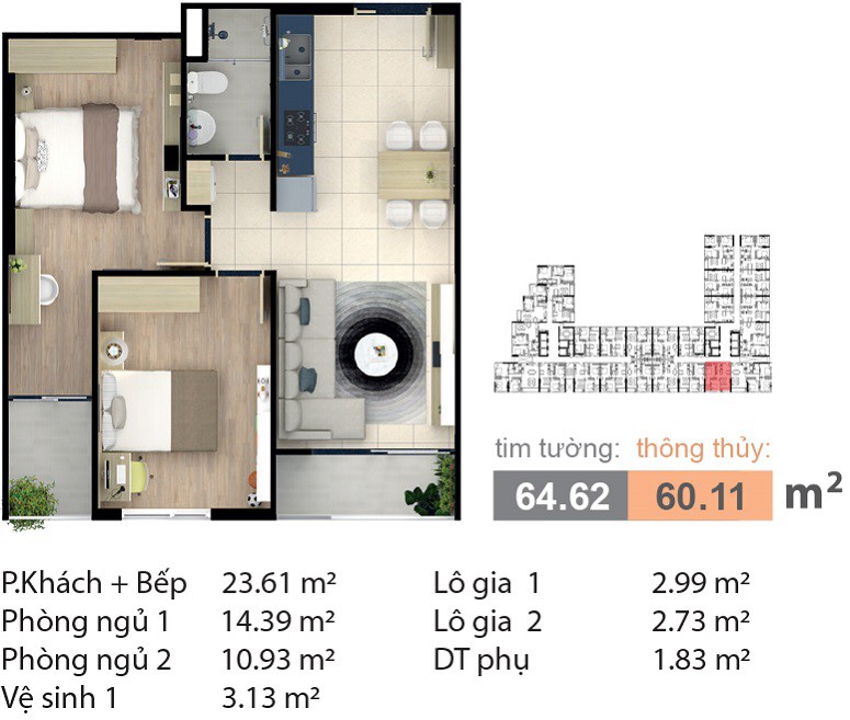 mặt bằng căn hộ 2 phòng ngủ carillon 7 diện tích 64.62m2