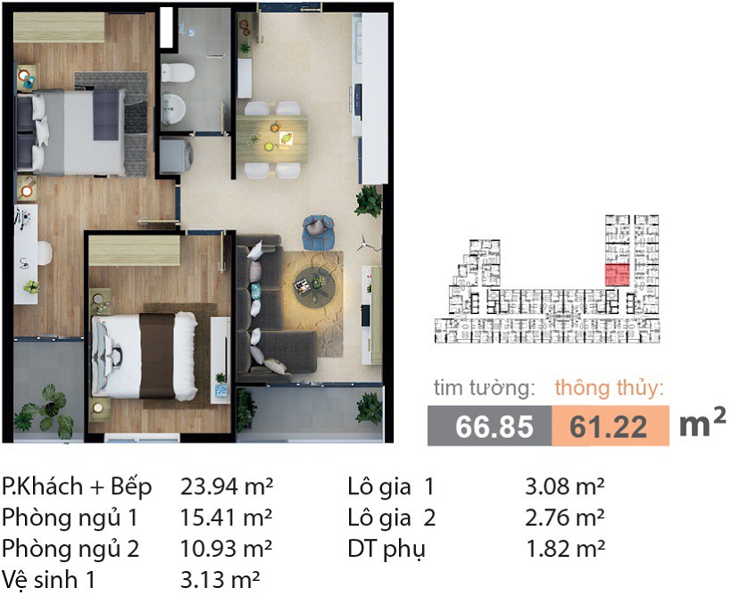 mặt bằng căn hộ 2 phòng ngủ carillon 7 diện tích 66.85m2