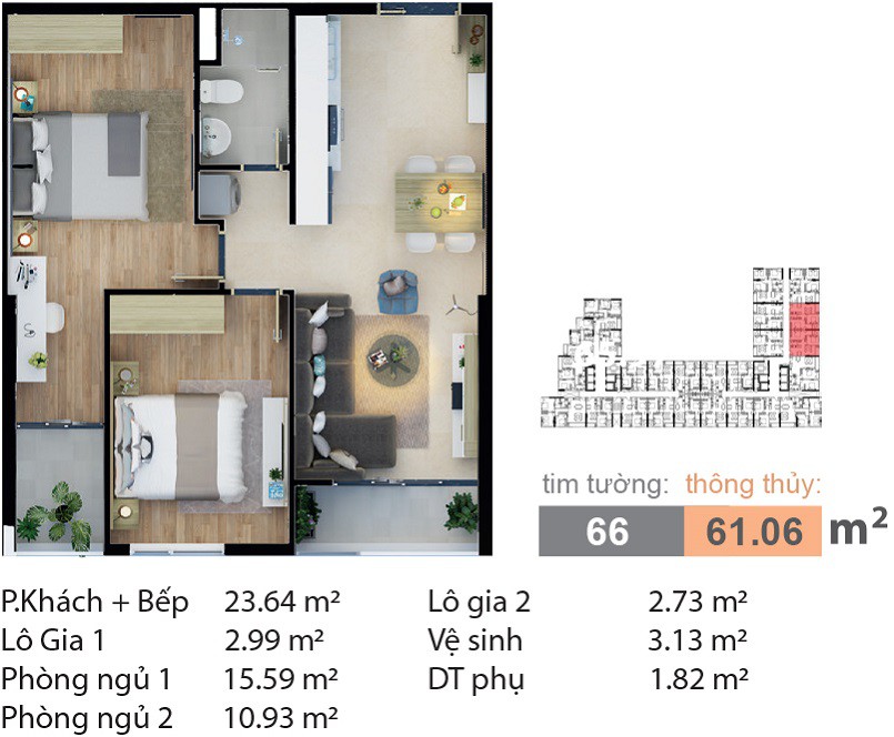 mặt bằng căn hộ 2 phòng ngủ carillon 7 diện tích 66m2